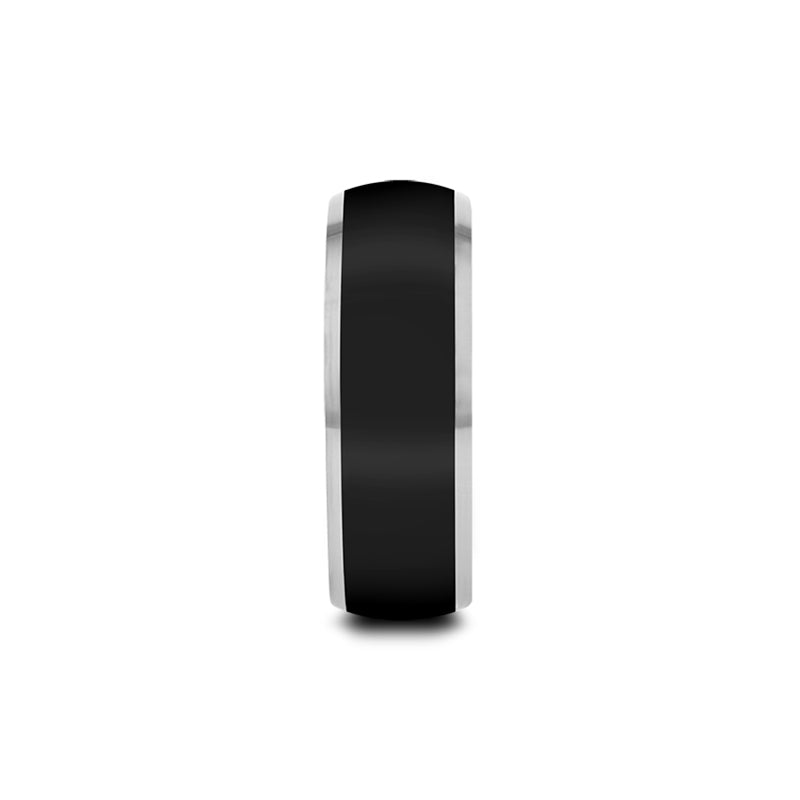 Black Tungsten Domed Wedding Band with Contrasting Silver Edges