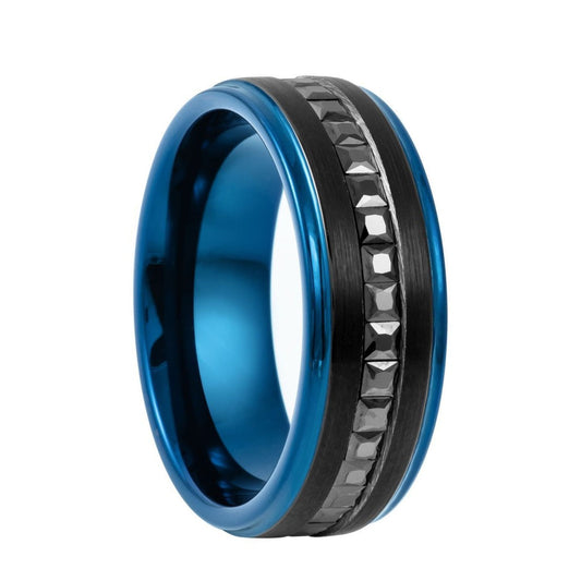 Black Tungsten Men's Wedding Band with Blue Edges and Black Cubic Zirconia
