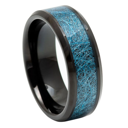 Black Tungsten Men's Wedding Band with Blue Imitation Meteorite Inlay