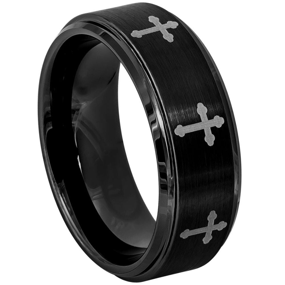 Black Tungsten Men's Wedding Band with Engraved Crosses