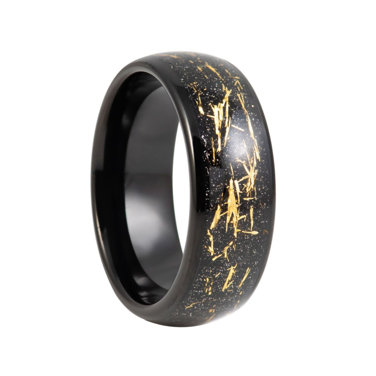 Black Tungsten Men's Wedding Band with Gold & Black Carbon Fiber Inlay