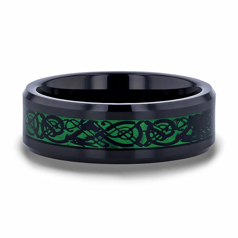 Black Tungsten Men's Wedding Band with Green Celtic Dragon Inlay