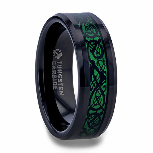 Black Tungsten Men's Wedding Band with Green Celtic Dragon Inlay