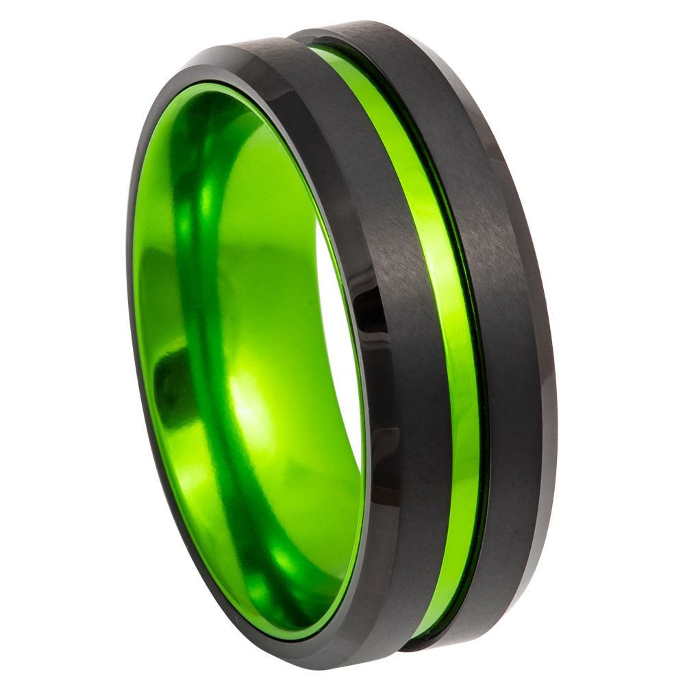 Black Tungsten Men's Wedding Band with Green Groove