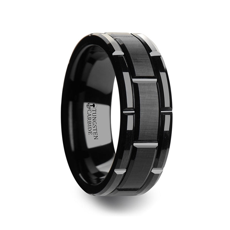 Black Tungsten Men's Wedding Band with Grooved Pattern