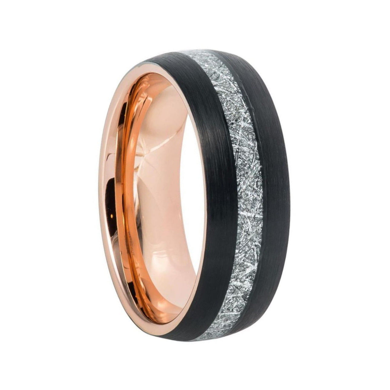 Black Tungsten Men's Wedding Band with Imitation Meteorite Inlay and Rose Gold Interior
