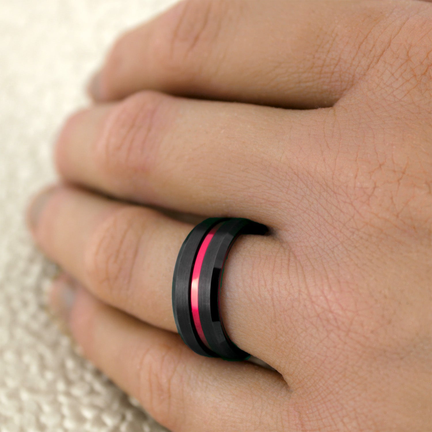 Black Tungsten Men's Ring with Red Groove