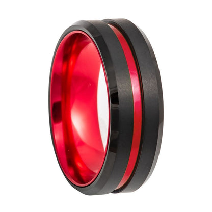 Black Tungsten Men's Wedding Band with Red Groove