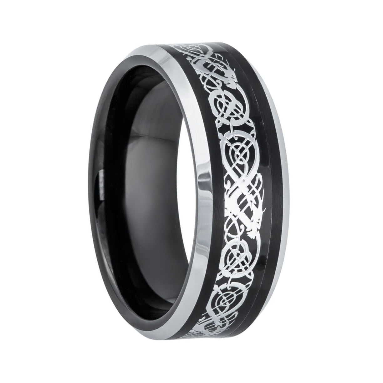 Black Tungsten Men's Wedding Band with Silver Celtic Dragon Inlay