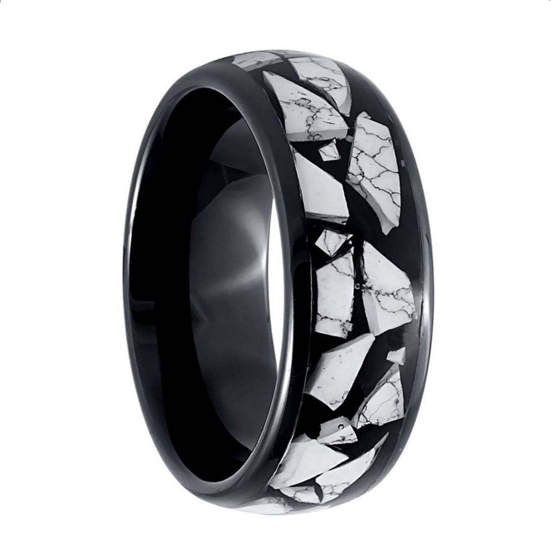 Black Tungsten Men's Wedding Band with White Turquoise Inlay