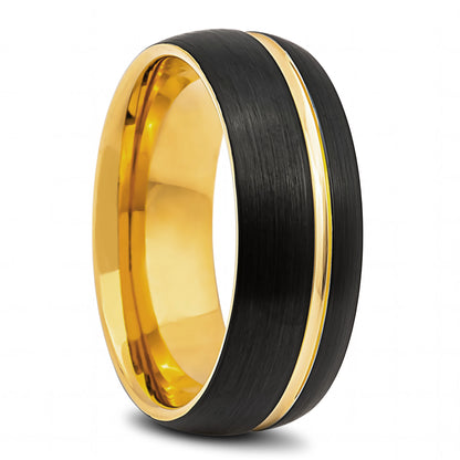 Black Tungsten Men's Wedding Band with Yellow Gold Groove