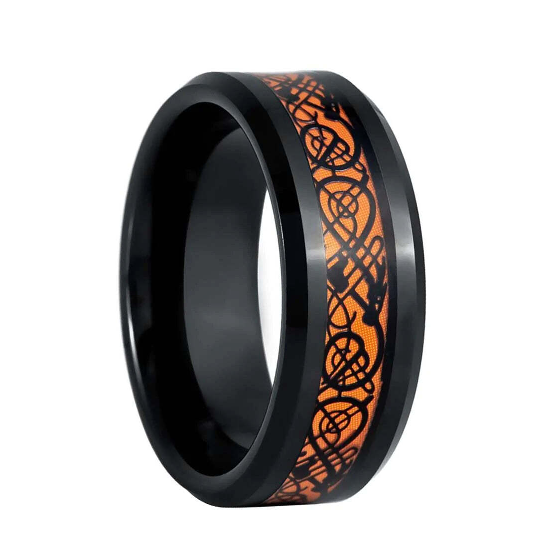 Orange Celtic Dragon Inlay Black Tungsten Men's Wedding Band