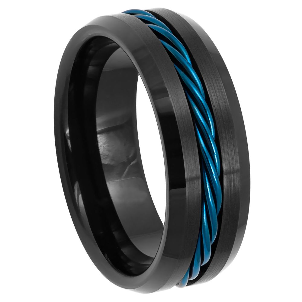 Black Tungsten Wedding Band with Blue Twisted Cable Inlay