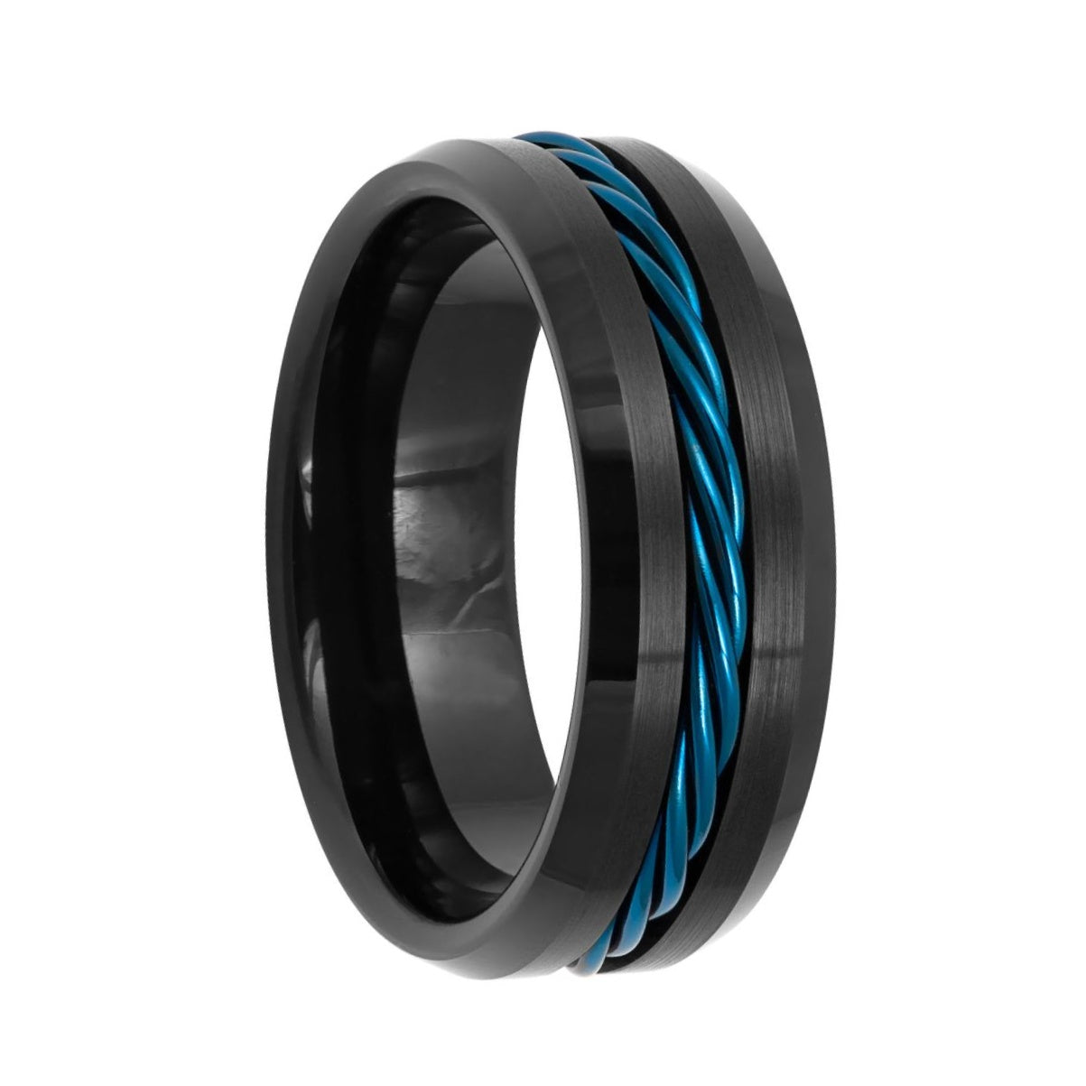 Black Tungsten Wedding Band with Blue Twisted Cable Inlay