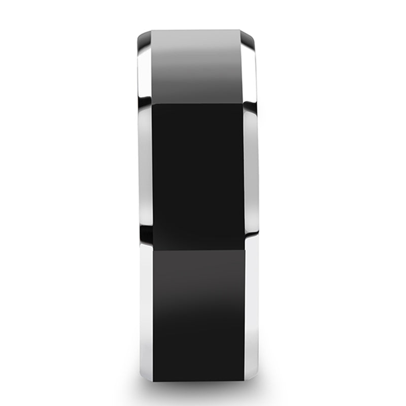 Black Tungsten Wedding Band with Contrasting Silver Edges