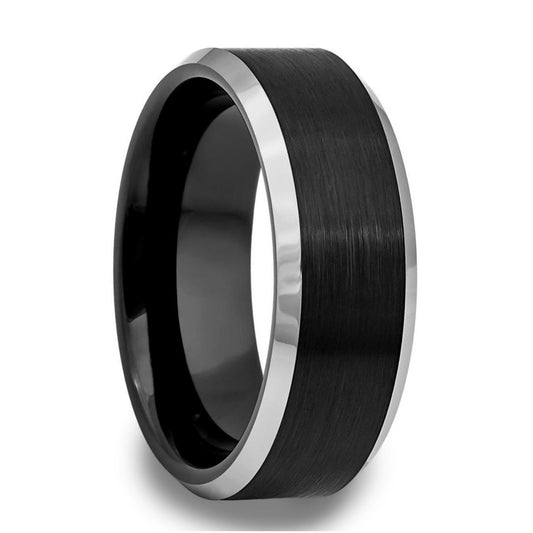 Black Tungsten Wedding Band with Contrasting Silver Edges