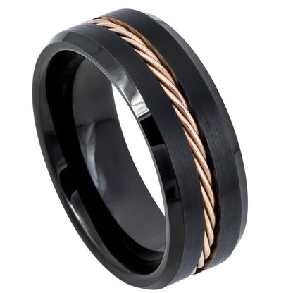 Black Tungsten Wedding Band with Rose Gold Twisted Cable Inlay