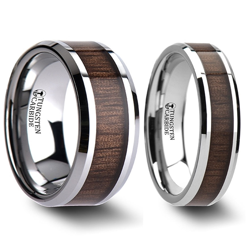 Black Walnut Wood Inlaid Tungsten Couple's Matching Wedding Band Set