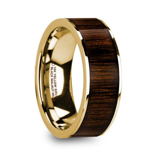 Black Walnut Wood Inlay 14k Yellow Gold Men's Wedding Band