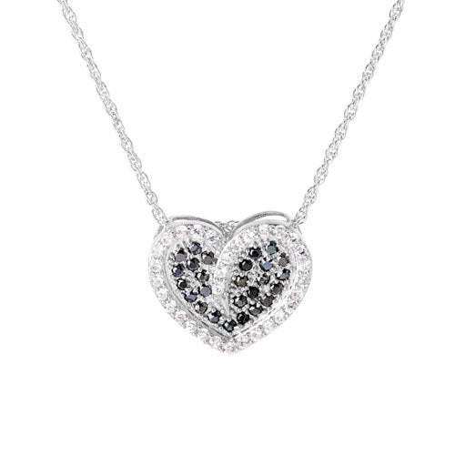A black & white simulated diamonds silver heart pendant necklace displayed on a neutral white background.