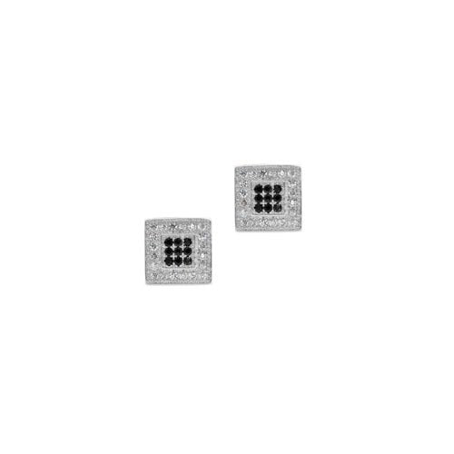 A black and white square cubic zirconia silver earrings displayed on a neutral white background.