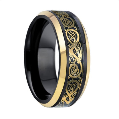 Black & Yellow Gold Tungsten Men's Wedding Band with Celtic Dragon Inlay