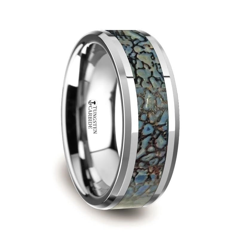 Blue Dinosaur Bone Inlaid Tungsten Carbide Couple's Matching Wedding Band Set