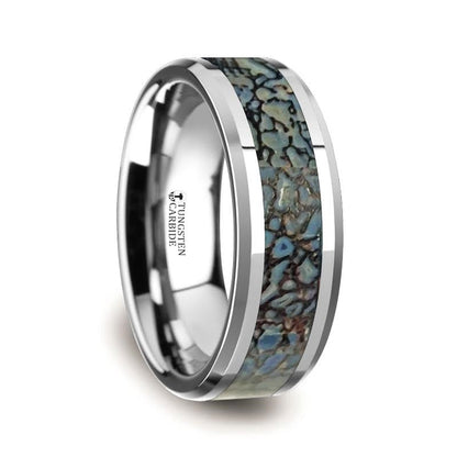 Blue Dinosaur Bone Inlaid Tungsten Carbide Couple's Matching Wedding Band Set