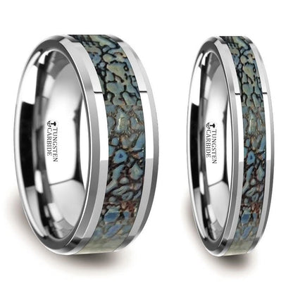 Blue Dinosaur Bone Inlaid Tungsten Carbide Couple's Matching Wedding Band Set