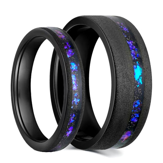 Blue Galaxy Inlay Asymmetrical Black Tungsten Couple's Matching Wedding Band Set