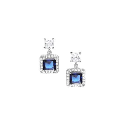 A blue gemstone simulated diamond square drop earrings displayed on a neutral white background.