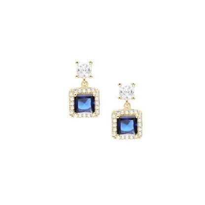 A blue gemstone simulated diamond square drop earrings displayed on a neutral white background.