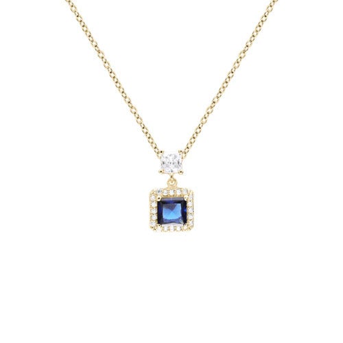 A blue gemstone simulated diamond square necklace displayed on a neutral white background.