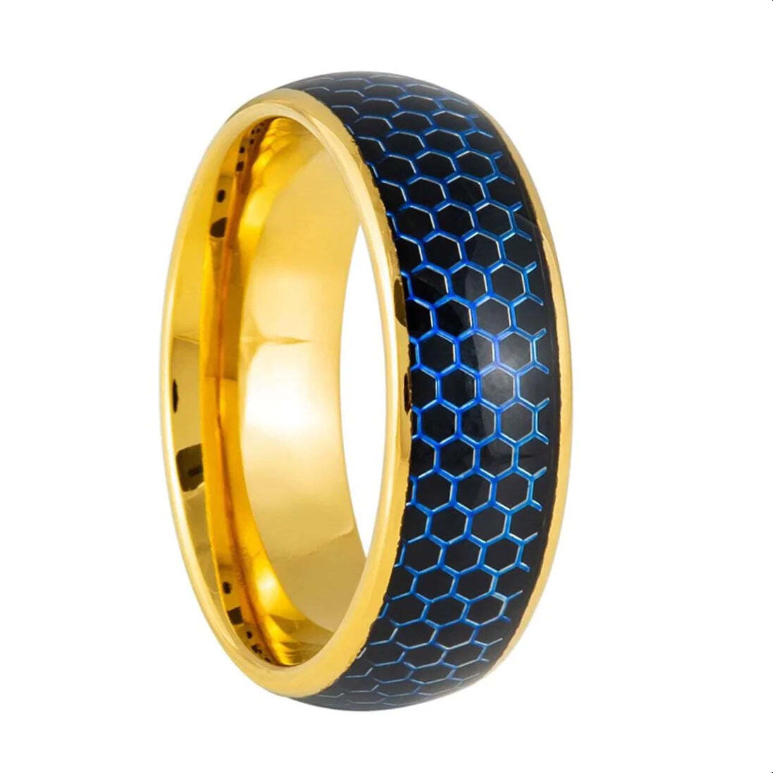 Blue Hexagon Honeycomb Inlay Gold Tungsten Men's Wedding Band