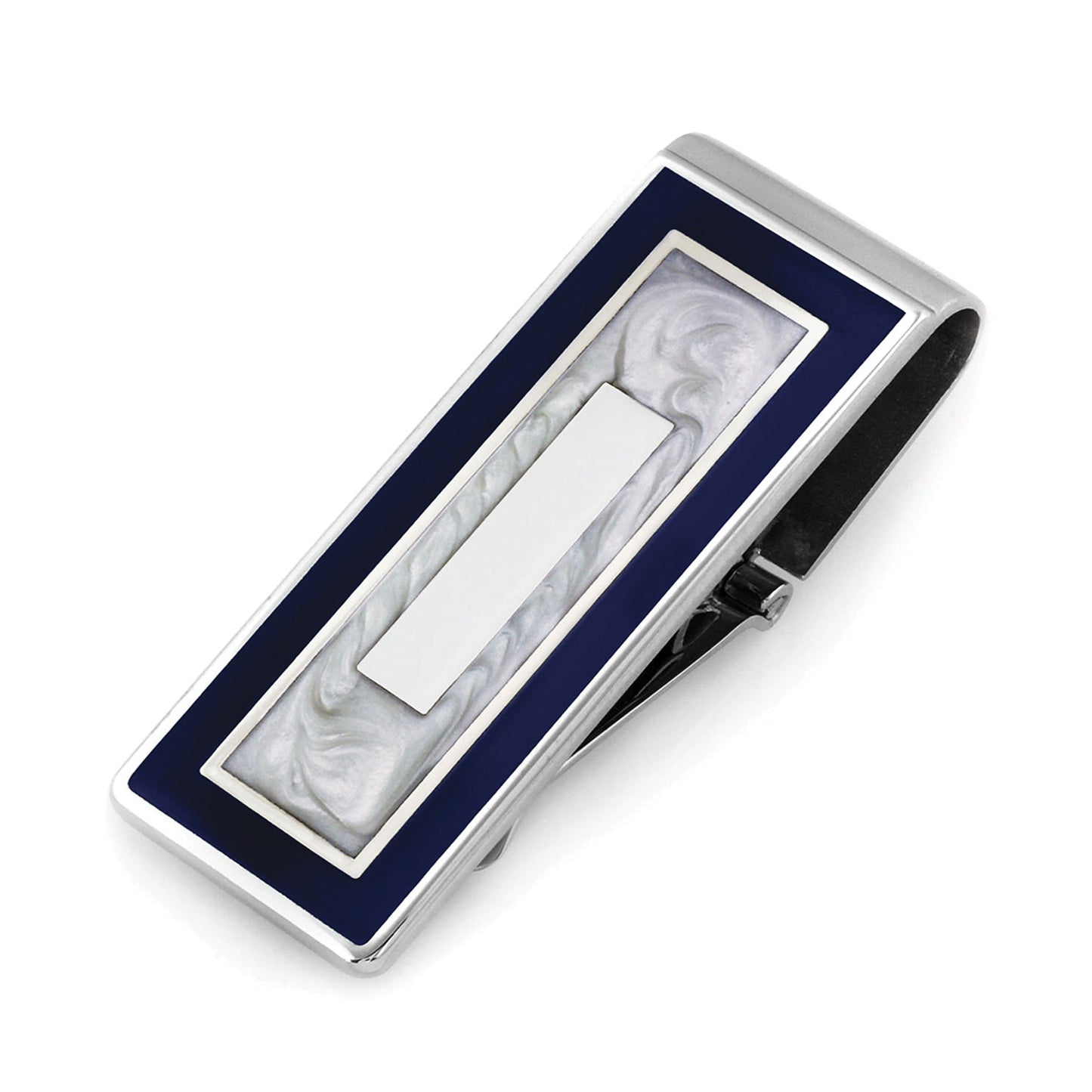 A mother of pearl hinged money clip with blue accent displayed on a neutral white background.