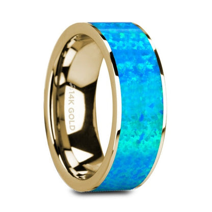 Blue Opal Inlay 14k Yellow Gold Men's Wedding Band