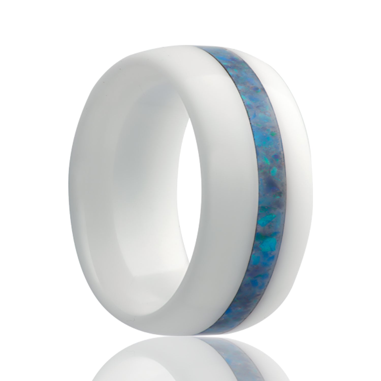 Blue Opal Inlay Domed White Ceramic Wedding Band