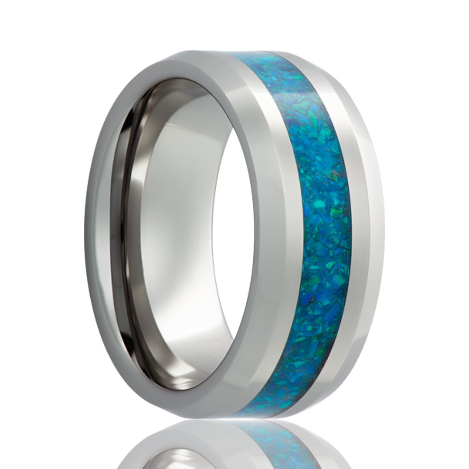 Blue Opal Inlay Tungsten Wedding Band with Beveled Edges