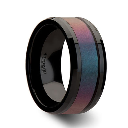 Blue Purple Changing Inlay Black Ceramic Couple's Matching Wedding Band Set