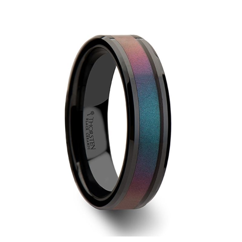 Blue Purple Changing Inlay Black Ceramic Couple's Matching Wedding Band Set