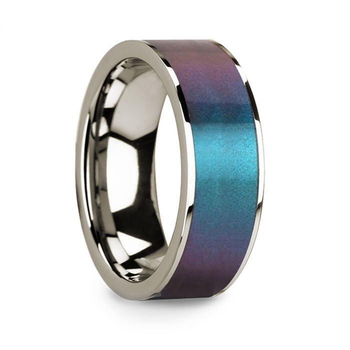 Blue & Purple Color Changing Inlay 14k White Gold Men's Wedding Band
