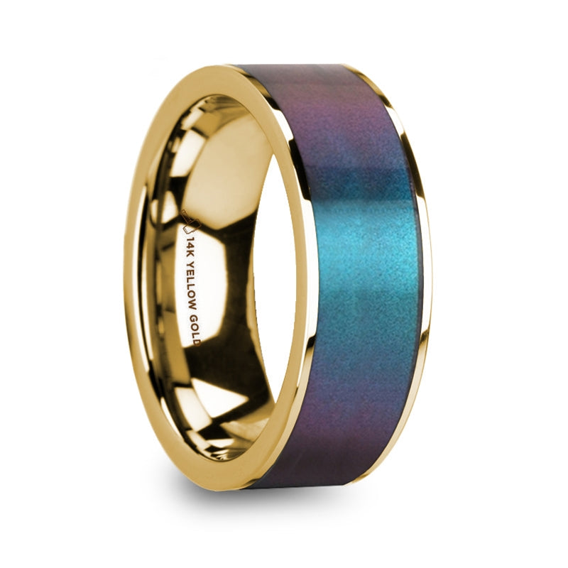 Blue & Purple Color Changing Inlay 14k Yellow Gold Men's Wedding Band
