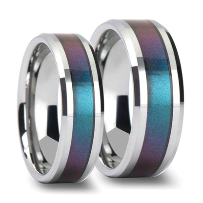 Blue & Purple Color Changing Inlay Tungsten Couple's Matching Wedding Band Set