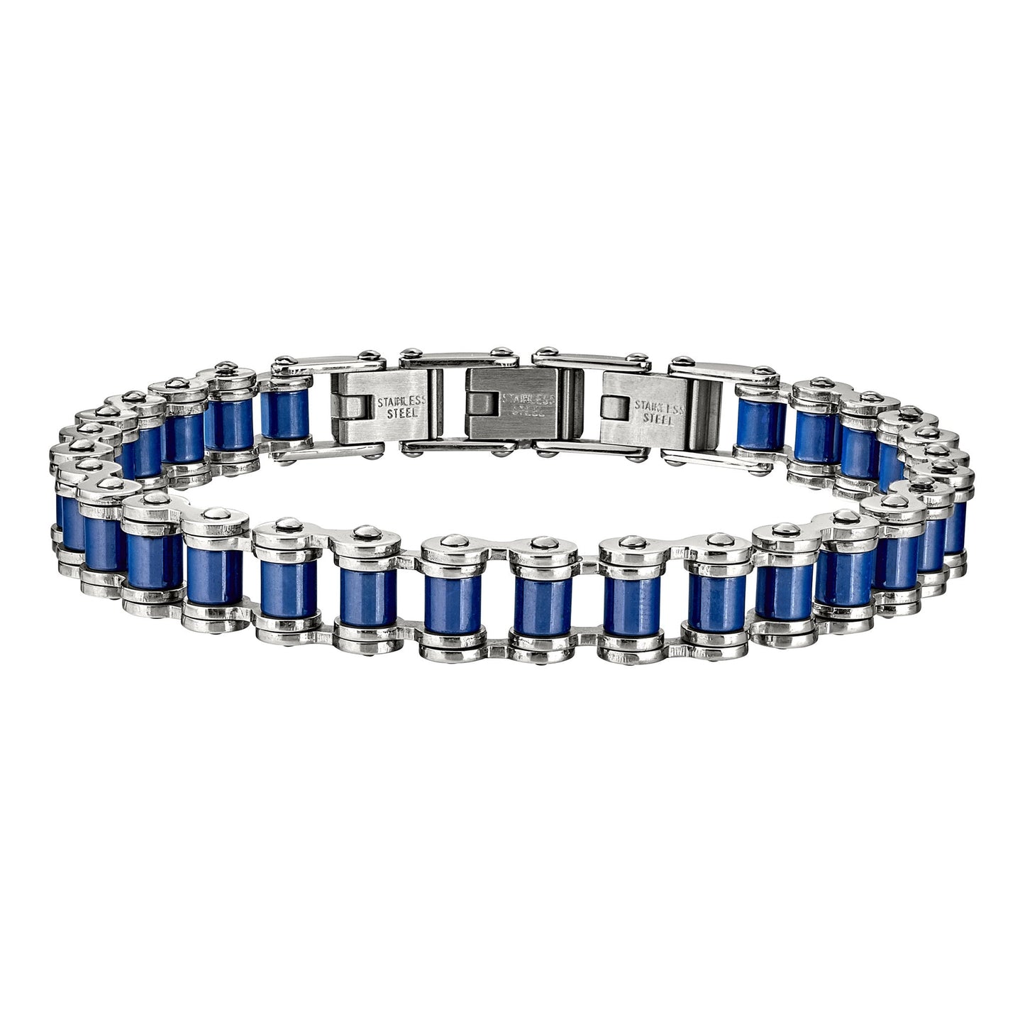 A blue & silver stainless steel biker chain bracelet displayed on a neutral white background.