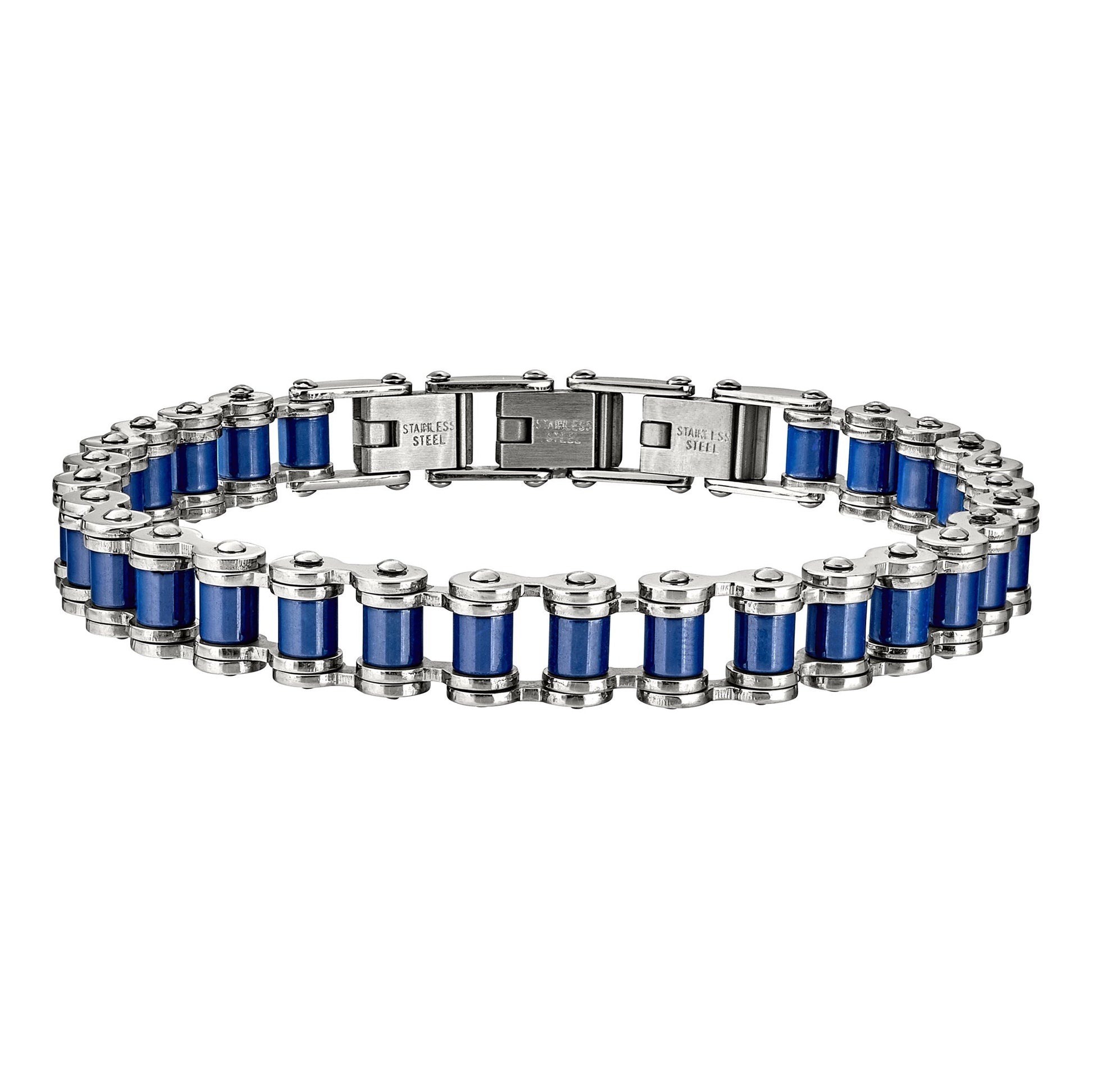A blue & silver stainless steel biker chain bracelet displayed on a neutral white background.
