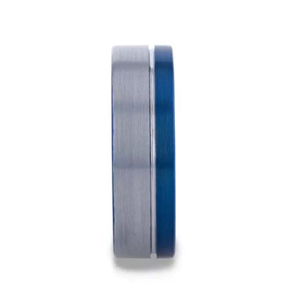 Blue Tungsten Men's Wedding Band with Silver Groove