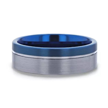 Blue Tungsten Men's Wedding Band with Silver Groove