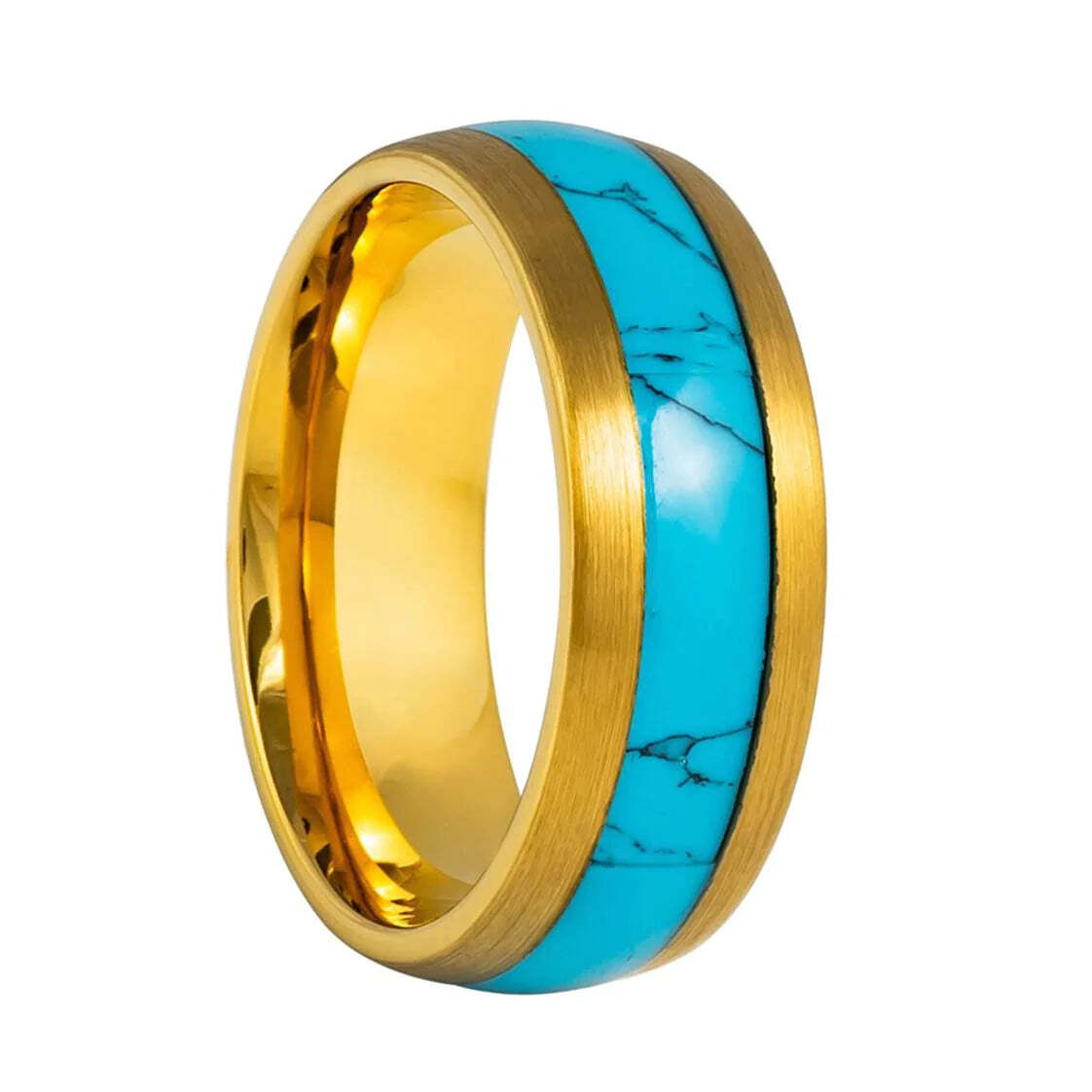 Turquoise Inlaid Domed Gold Tungsten Men's Wedding Band