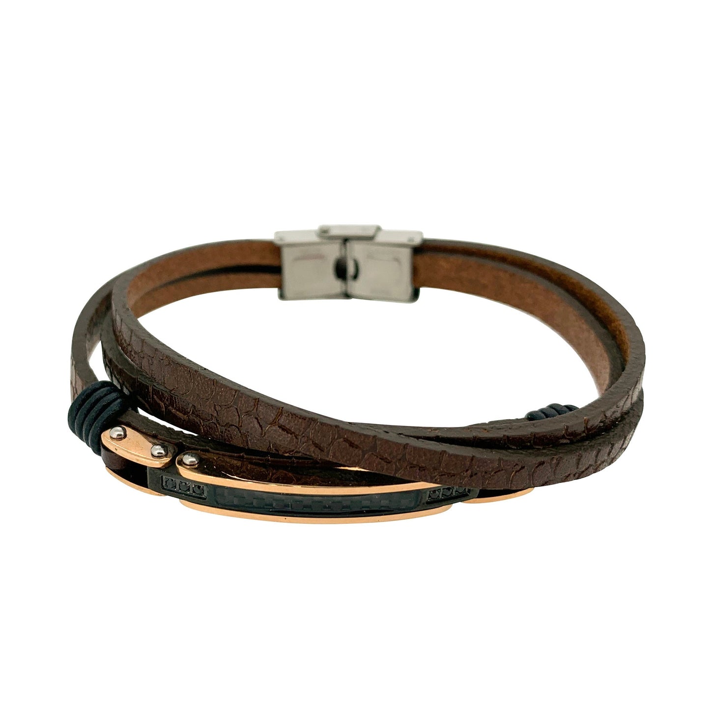 A brown leather three cord bracelet with gold & black steel bar displayed on a neutral white background.