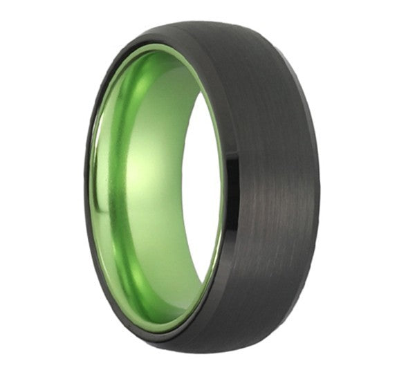 Brushed Black Tungsten Men's Wedding Band with Contrasting Green Interior